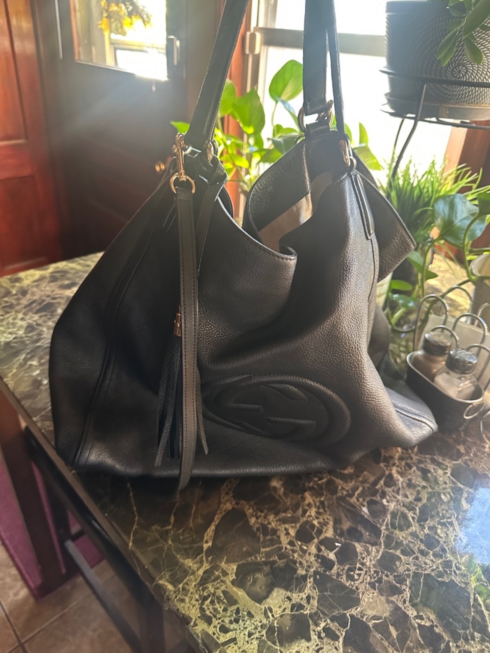 Gucci Black Pebbled Leather Shoulder Hobo with Tassel